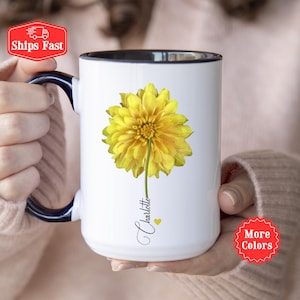 Personalized Chrysanthemum Mug With Name, Custom Name Floral Mug, Yellow Chrysanthemum Gift, Elegant Flower Mug, Mother's Day Botanical Mug