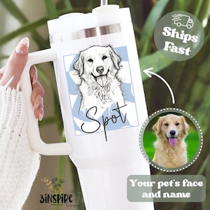 Pet Portrait Tumbler 40oz with Name, Custom Pet Photo Tumbler with Handle, Dog Tumbler, Dog Lover Tumbler, Pet Dog Cup, Gift For Dog Mom