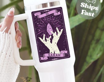 Witch Hand Tumbler 40oz, Custom Fortune Teller Tumbler with Handle, Tarot Card Travel Mug, Magic Crystal Tarot Tumbler Spiritual Witchy Gift
