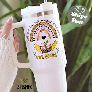 Teacher Tumbler 40oz with Name, Custom Teacher Rainbow Tumbler with Handle, Teacher Life Cheetah Travel Tumbler, Teacher Appreciation Cup