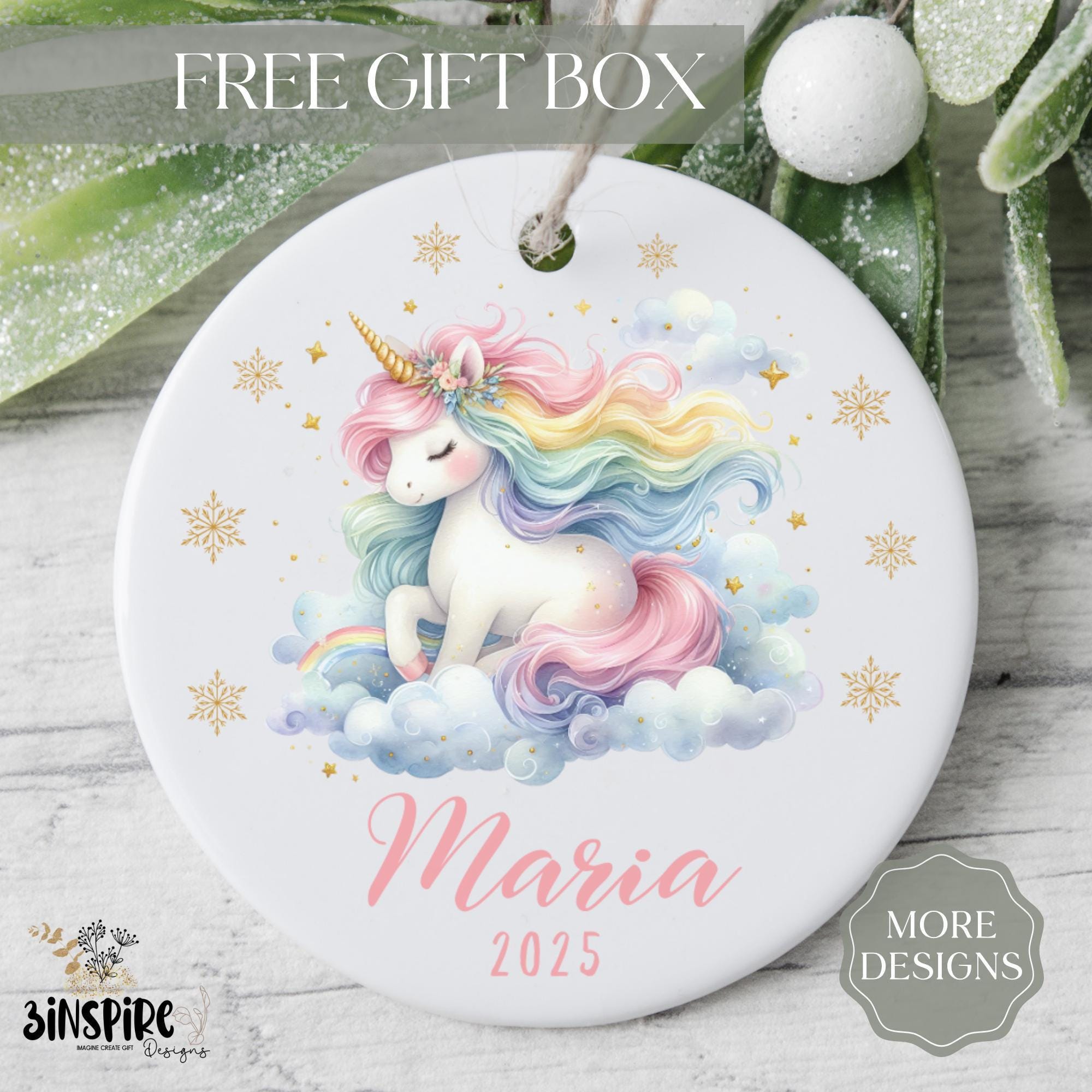 女の子用ユニコーンクリスマスオーナメント パーソナライズされた