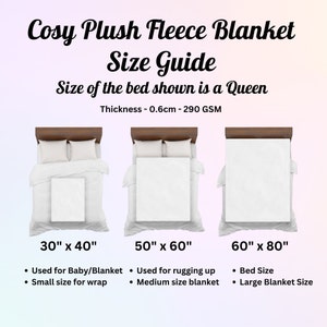 Pode incluir: Guia de tamanhos para um cobertor de l&atilde; de pel&uacute;cia que mostra tr&ecirc;s tamanhos diferentes: 30" x 40", 50" x 60" e 60" x 80". O cobertor tem 0,6 cm de espessura e pesa 290 GSM. O guia tamb&eacute;m inclui sugest&otilde;es de uso para cada tamanho.