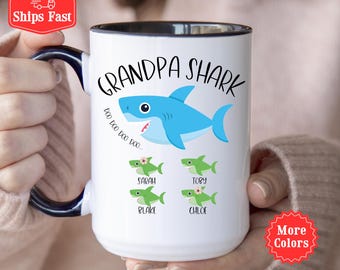 Caneca de Tubarão Personalizada com Nomes de Crianças, Caneca Personalizada para o Vovô, Caneca Divertida para o Vovô, Presente de Aniversário, Tubarões