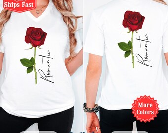 Red Rose Vneck T-shirt for Women, Personalized Romantic Floral
