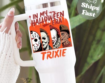 Halloween Villian Tumbler 40oz with Name, Custom Horror Movie Tumbler with Handle, Scary Movie Tumbler, Spooky Season Travel Mug Cup