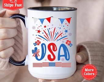 USA patriottische koffiemok, 4 juli mok met vuurwerk en Amerikaanse vlag, Independence Day mok, cadeau voor hem haar USA Cup 4 juli geschenken