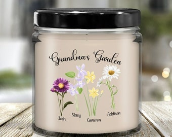 Custom Grandma's Gift, Grandma Candle With Kids Names, Birthflower Candle For Grandma From Grandkids, Grandma's Garden Mothers Day Gift