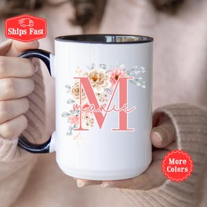 Taza con inicial personalizada, taza de café con monograma, inicial con letra y nombre, taza con alfabeto floral, regalo de cumpleaños, regalo para un amigo