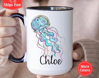 Taza de medusas, taza de café personalizada con nombre, taza de medusas a medida, taza del océano, taza de animales marinos, regalo para amantes de las medusas