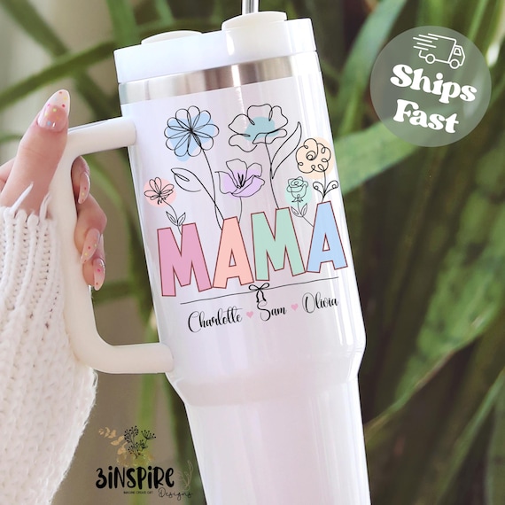 Mama Tumbler 40oz With Kids Names, Custom Mom Tumbler With Handle