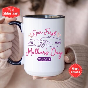 Our First Mother&#39;s Day Mug, Personalized Mom Mug with Name and Date, Holding Hands New Mom Coffee Cup First Time Mom Gifts Mother&#39;s Day Gift