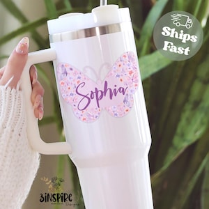 Butterfly Tumbler 40oz with Name, Custom Purple Butterfly Tumbler Cup with Handle, Butterfly Lover Travel Mug, Butterfly Gifts For Women