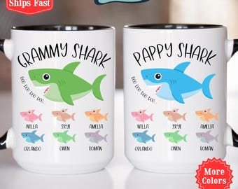 Grammy Shark and Pappy Shark Mug Set, Custom Grandparent Mug with Grandkids Name, Shark Coffee Mug Kids Names, Funny Mug Grandparents 001749