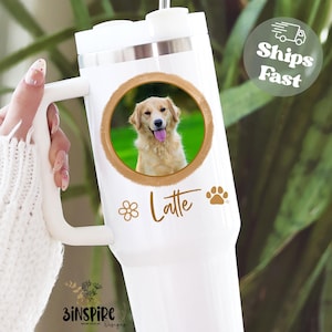 Dog Photo Tumbler 40oz, Custom Dog Portrait Tumbler with Handle, Personalized Pet Dog Lover Cup Custom Dog Cup Travel Mug, Gift For Dog Mom