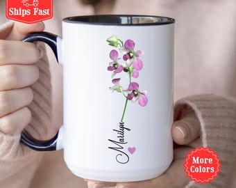 Caneca com Orquídea e Nome Personalizado, Caneca de Café com Orquídea para Pedido de Madrinha, Caneca Floral, Presente para o Dia das Mães, Presente Botânico
