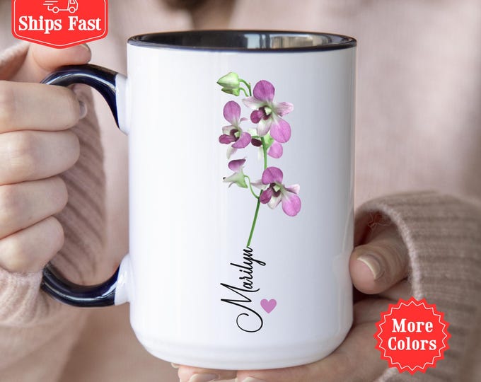 Orchid Flower Mug With Name, Personalized Orchid Coffee Cup Bridesmaid Proposal Mug, Floral Coffee Mug, Mother's Day Gift,  Botanical Gift