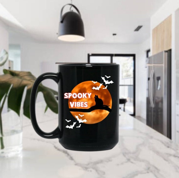 Spooky Vibes Black Cat Halloween Mug, Scary Halloween, Red Moon, Spooky Season, Gift For Halloween, Cat  Creepy Halloween Cup, Cat Lover