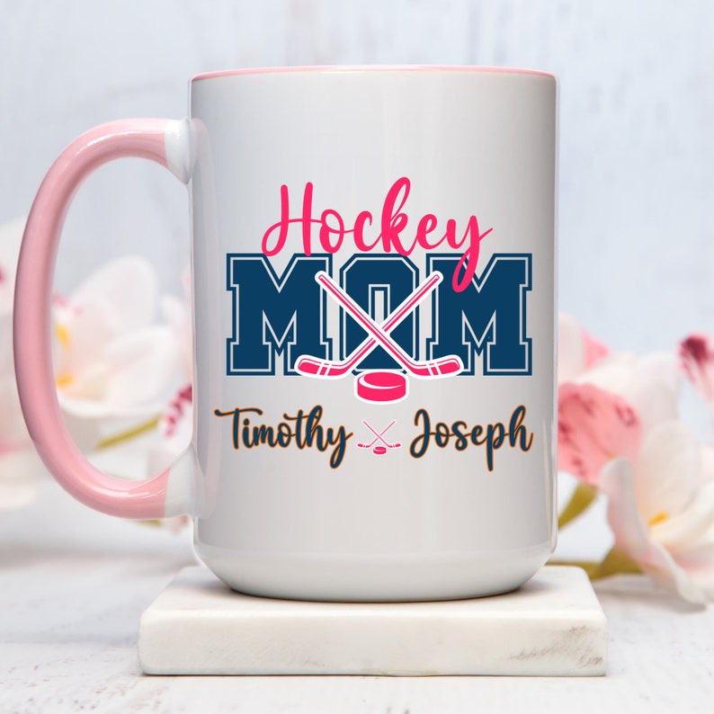 a coffee mug with a hockey mom on it