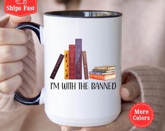 Ik ben met de verboden mok, koffiemok verboden boeken, cadeau leraar Engels, bibliothecaris mok, leesbeker, boekenclubcadeaus, verboden boeken, boekennerd