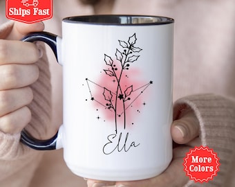 Taza de Capricornio, regalos de Capricornio, taza de café de Capricornio, taza personalizada de la constelación de Capricornio con nombre y flor de nacimiento, taza del signo zodiacal