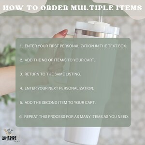 May include: A white tumbler with a silver rim and a white lid is held in a person's hand. Text on the image reads "HOW TO ORDER MULTIPLE ITEMS" and provides instructions on how to order multiple items with personalization.