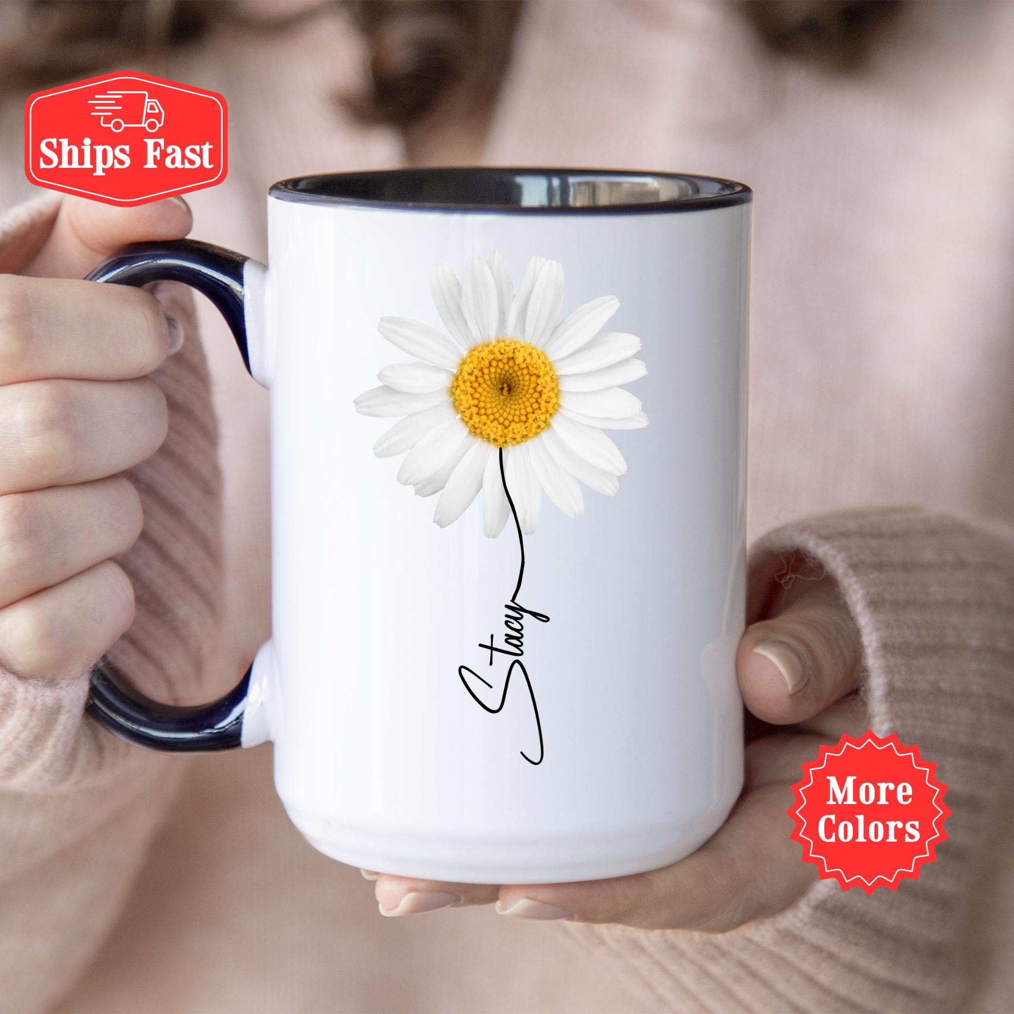 White Daisy Mug, Personalized Daisy Gift for Her, White Flower