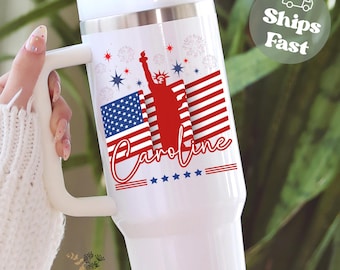Personalized USA Independence Day Tumbler 40oz, Custom 4th of July Tumbler with Handle, USA Patriotic Travel Mug, USA Independence Cup Gift