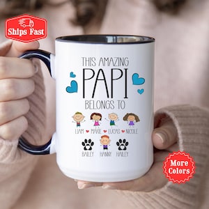 Papi-mugg med barnbarns- och husdjursnamn, personlig Papi-födelsedagspresent till farfar, födelsedagspresent från barnbarn, barnbarn 001690