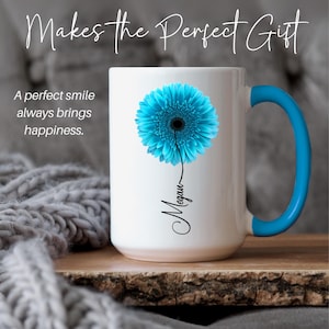 Gerbera-Geschenk, personalisierte Gerbera-Tasse, Gerbera-Geschenke für Sie, Blumenliebhaberin, Gedenkblumengeschenk für Sie, personalisierte Gerbera-Rosa Blue