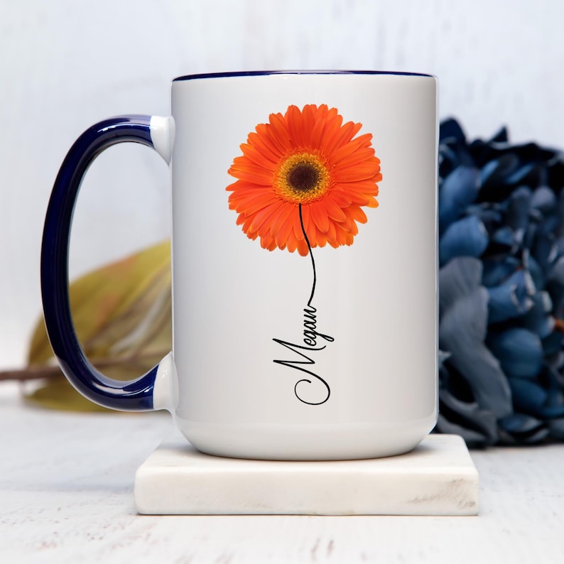 Gerbera-Geschenk, personalisierte Gerbera-Tasse, Gerbera-Geschenke für Sie, Blumenliebhaberin, Gedenkblumengeschenk für Sie, personalisierte Gerbera-Rosa Orange