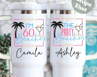 Beach Birthday Trip Tumbler 40oz, Personalized Birthday Tumbler with Handle, Girls Trip Travel Mug for Party Birthday Vacation Gift Her