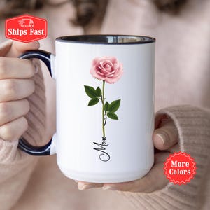 Rose Gift, Personalized Rose Coffee Mug With Name For Her, Pink Rose Gift For Women, Anniversary Gift, Mothers Day Rose Gift, Flower Lover