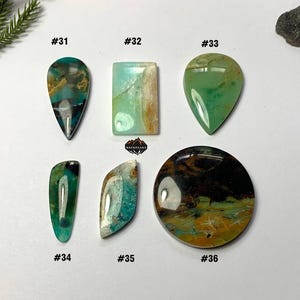 May include: Six green, blue, and brown cabochon gemstones with a variety of shapes and sizes. The gemstones are labeled with numbers 31 through 36.
