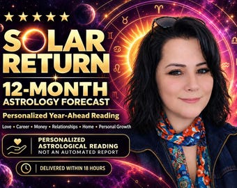 May include: A digital graphic for a Solar Return 12-month astrology forecast featuring a person with dark hair, a colourful patterned scarf, and a dark jacket. The background displays a golden zodiac wheel, planets, and text detailing a reading.