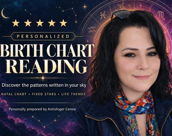 May include: A digital graphic for a personalised birth chart reading service featuring a dark blue starry background with a zodiac wheel. Text reads: PERSONALIZED BIRTH CHART READING, Discover the patterns written in your sky, NATAL CHART, FIXED STARS, LIFE THEMES, Personally prepared by Astrologer Cemre.