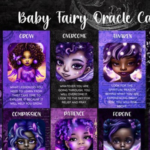 May include: A set of 46 Baby Fairy Oracle Cards. Each card features a digital illustration of a fairy with purple and blue accents. The cards include text such as "Nurture", "Grow", and "Overcome". Card size is 2.75 inches by 4.75 inches.