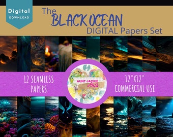 DIGITAL PAPER Bundle - Black Ocean Digital Paper - Majestic Black Ocean Bioluminescent - Papers Pack 12 - 12x12 - jpg png - 5000px  Abstract