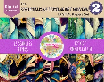 DIGITAL PAPER Bundle - Psychedelic Watercolor Art Nouveau Digital Papers 12 | Set #002 - Papers Pack 12 - 12x12 - jpg png - 6000px