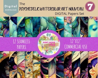 DIGITAL PAPER Bundle - Psychedelic Watercolor Art Nouveau Digital Papers 12 | Set #007  Purple Pink - Pack 12 - 12x12 - jpg png - 6000px