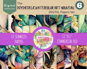 DIGITAL PAPER Bundle - Psychedelic Watercolor Art Nouveau Digital Papers 12 | Set #006  Teal Pink - Paper Pack 12 - 12x12 - jpg png - 6000px