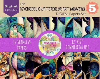 DIGITAL PAPER Bundle - Psychedelic Watercolor Art Nouveau Digital Papers 12 | Set #005  Pink - Papers Pack 12 - 12x12 - jpg png - 6000px