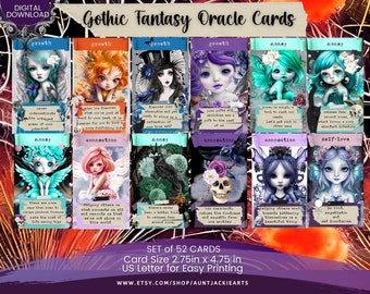 PRINTABLE CARD Deck - Gothic Fantasy Fairy - Oracle Cards | Tarot Sized 2.75 x 4.75 US Letter - Digital Download - 52 Cards - Kawaii - Chibi