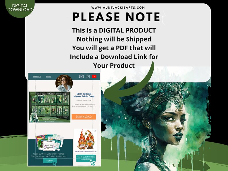 May include: Digital download graphic with text: "PLEASE NOTE This is a DIGITAL PRODUCT Nothing will be Shipped You will get a PDF that will Include a Download Link for Your Product." The image also features a watercolor illustration of a woman.