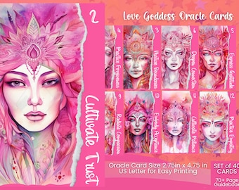 PRINTABLE CARD Deck, Love Goddess, Spirituality, Queen, Oracle Cards, Tarot Size, 2.75 x 4.75, Letter, Digital Download, 40 Cards, Guidebook