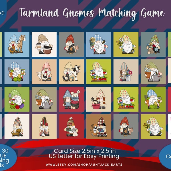 PRINTABLE MATCHING Memory Card Game | Card Game | Memory Game for Kids| Bonus Lunchbox Cards| Pre-K Cards | PDF Color B&W | Gnomes | Farm