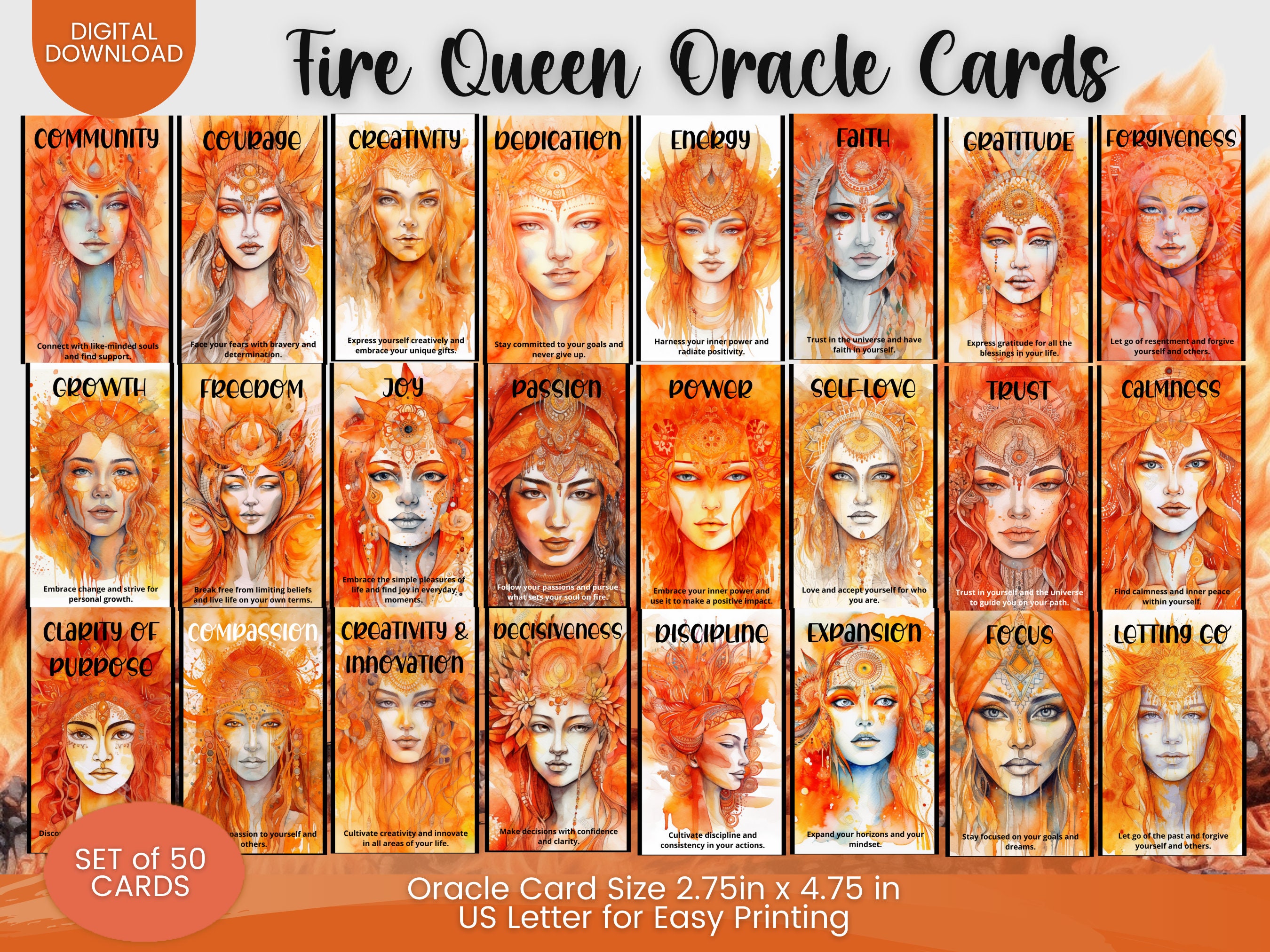 PRINTABLE CARD Deck Spiritual Women Fire Queen Oracle Cards Tarot PRINTABLE CARD Deck Spiritual Women Fire Queen Oracle Cards Tarot