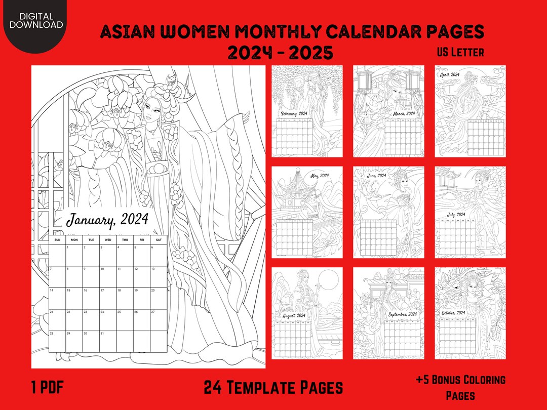 Confident Asian Women Coloring Planner 2024-2025 Monthly Planner Unique ...