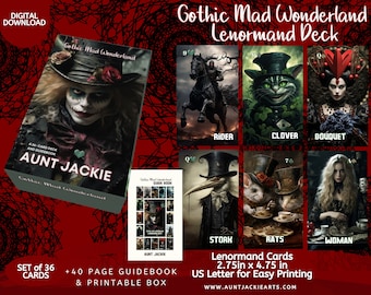 Gothic Mad Wonderland Lenormand Oracle,36 Cards, Gothic Theme, Printable PDF, 2.75x4.75, Box Template & 40 Page Guidebook, Digital Download