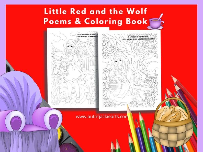 K&ouml;nnte beinhalten: Ein Malbuch mit dem Titel "Little Red and the Wolf Poems & Coloring Book" mit zwei offenen Seiten mit Strichzeichnungen von Rotk&auml;ppchen. Das Bild enth&auml;lt einen Brotkorb, Buntstifte und eine Teetasse.
