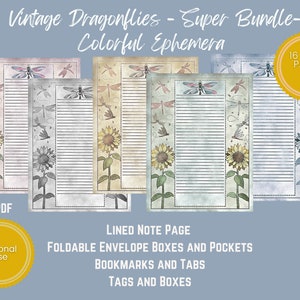 PRINTABLE EPHEMERA Vintage Dragonflies Super Bundle Color Ephemera Tags, Postcard, Envelope, Bookmarks, Lined, Notes, Tabs, Pockets image 6